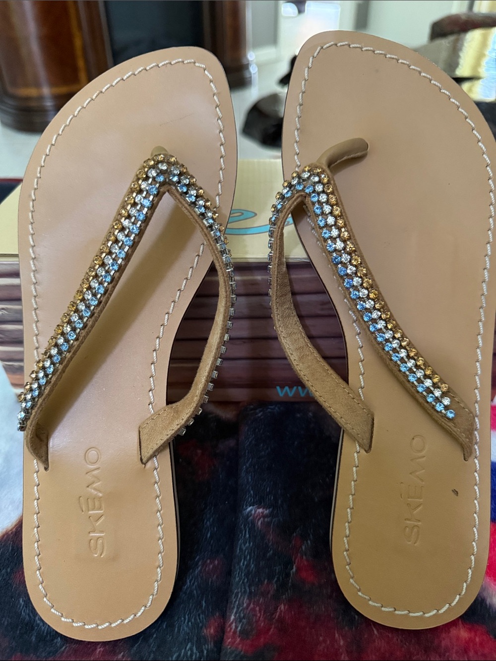Skemo Chiquita Tan Rhinestone Thong Sandals - Size 9